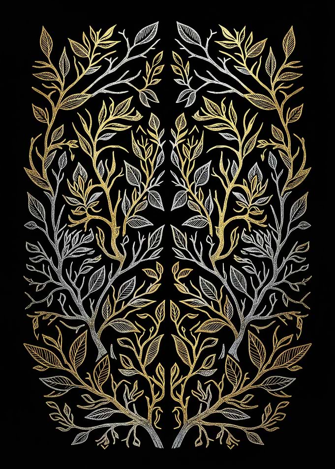 Gold and Silver Botanical Linocut - Dark Floral Nature Wall Art