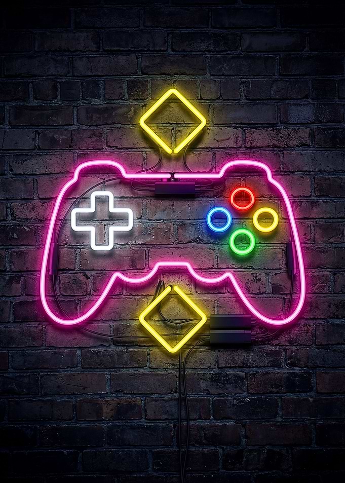 Neon Game Controller on Brick Wall