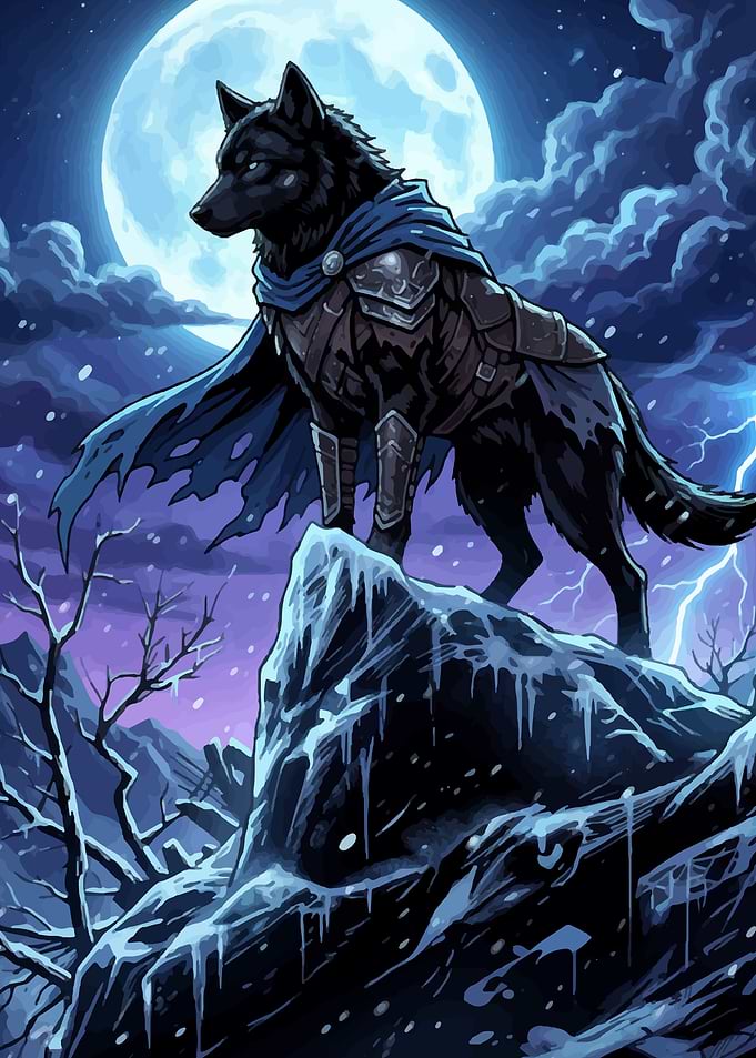 Armored Wolf Under a Full Moon