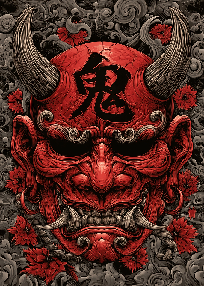 Japanese Oni Mask with Flowers