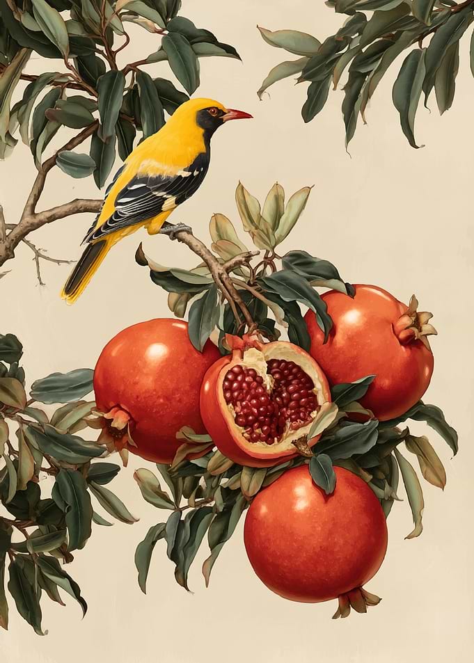 Golden Oriole on Pomegranate Branch