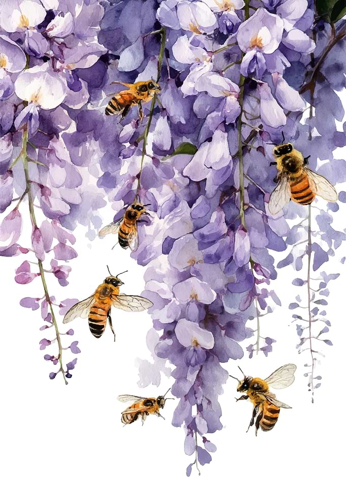 Bees on Wisteria Flowers