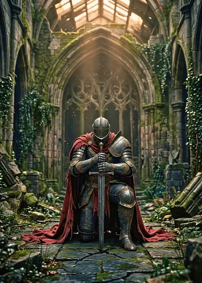 Knight in Armor Kneeling with Sword