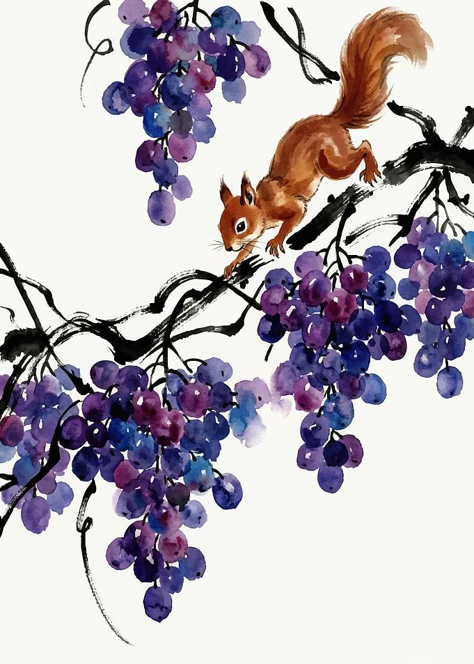 Squirrel and Grapes Watercolor Painting