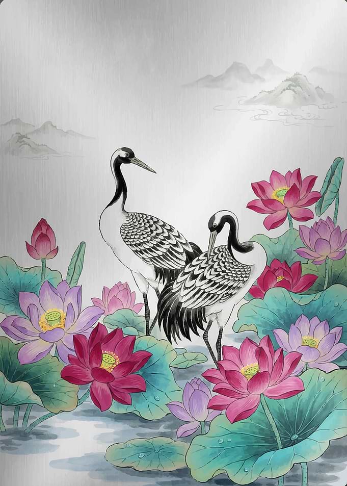 Cranes and Lotuses Painting
