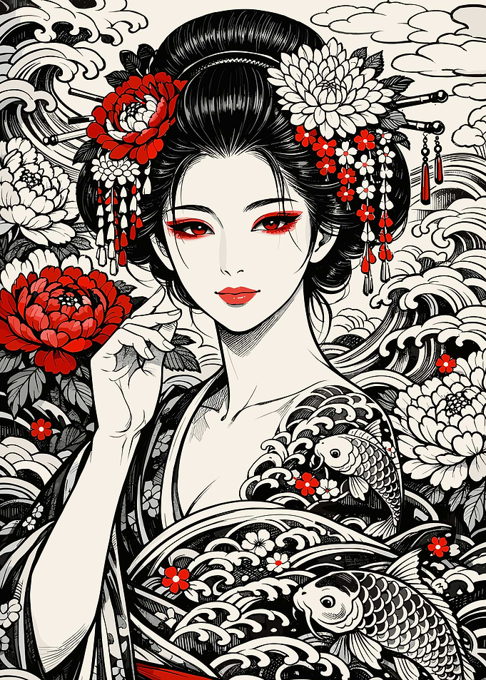 Geisha with Flowers and Koi Fish