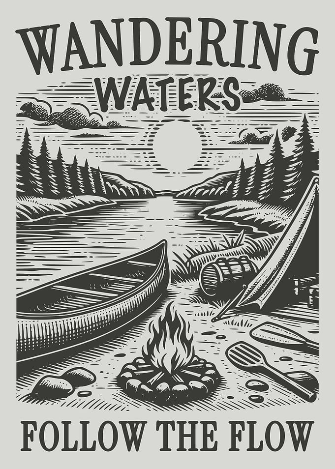 Wandering Waters Canoe Camping Poster Vintage Rustic Nature Lake Wall Art