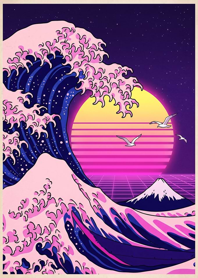 Retro Wave Great Wave with Mount Fuji
