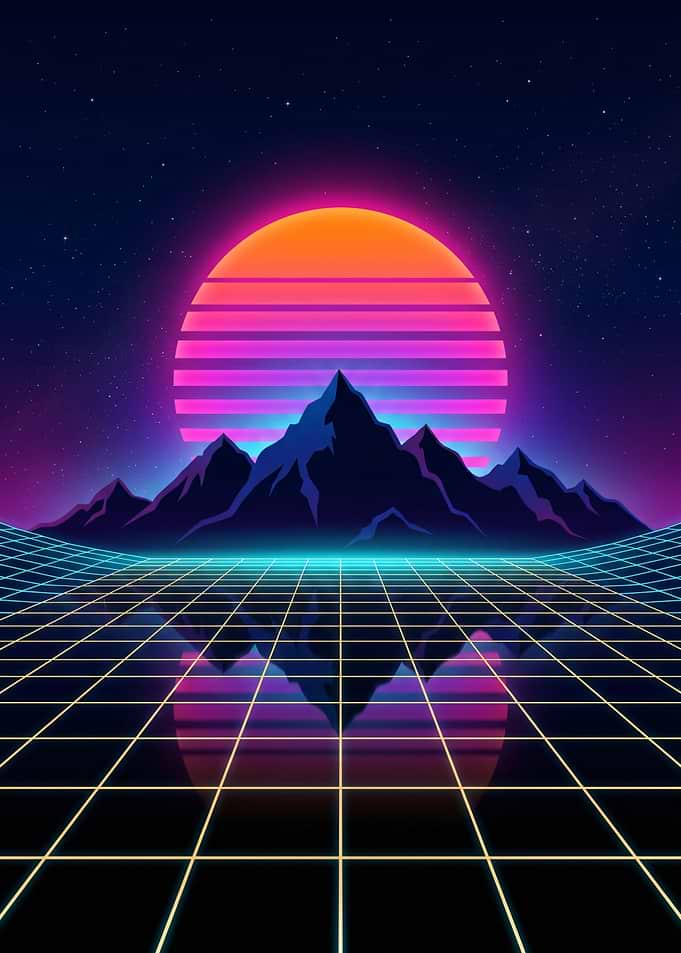 Retro Sunset Mountains Grid Landscape