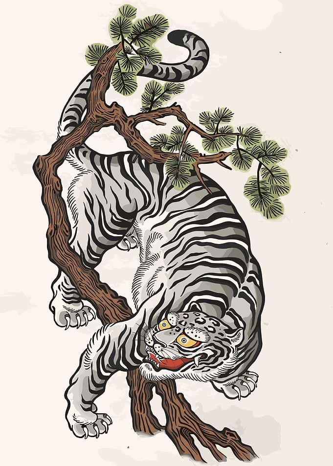 White Tiger on Pine Tree Branch