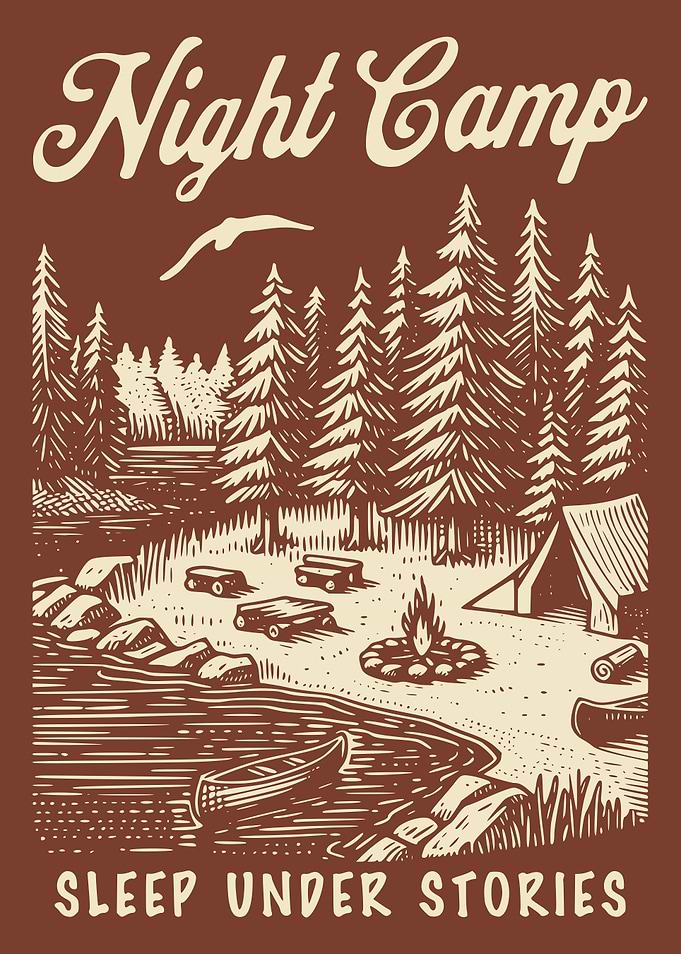 Night Camp Camping Poster Vintage Rustic Forest Campfire Lake Wall Art Outdoor Decor