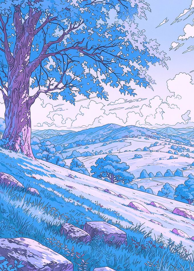 Serene Blue Landscape with Tree