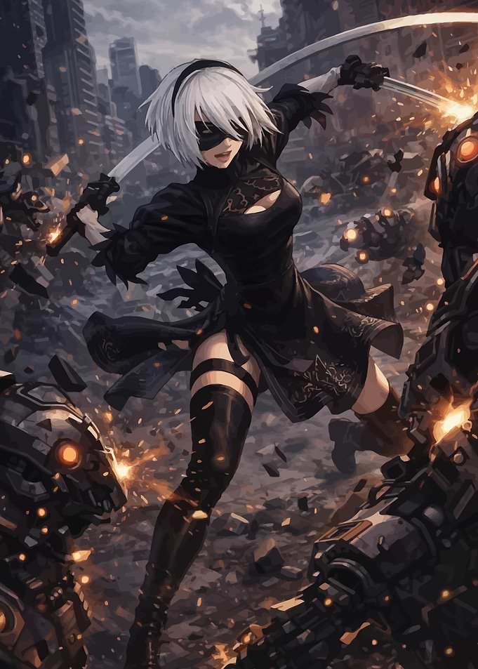 2B fighting robots in a ruined city