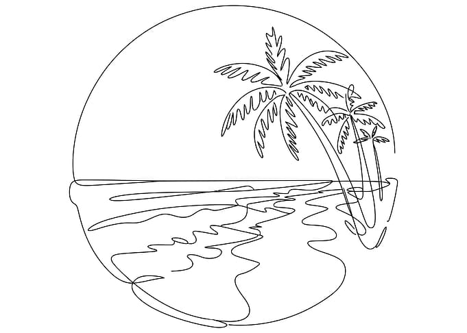 Tropical Beach Sunset Line Art