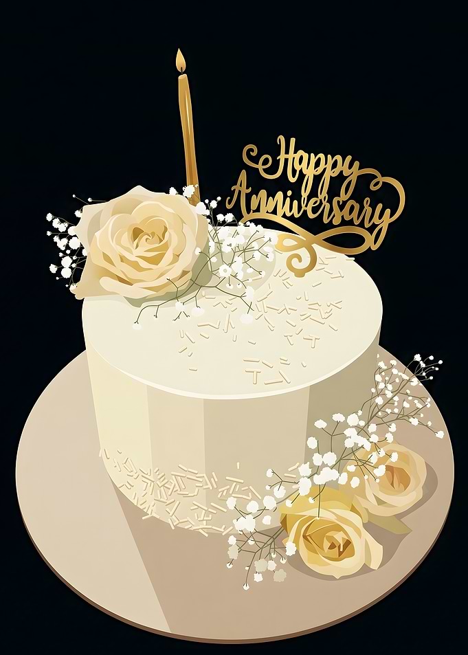 Anniversary Cake with Roses and Candle