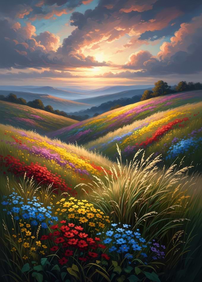Vibrant Wildflower Meadow at Sunset