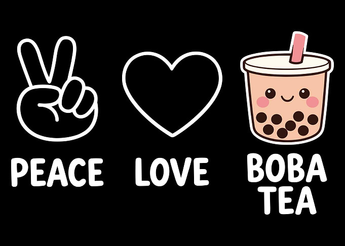 Peace Love Boba Tea Poster, Cute Kawaii Bubble Tea Wall Art, Minimalist Print