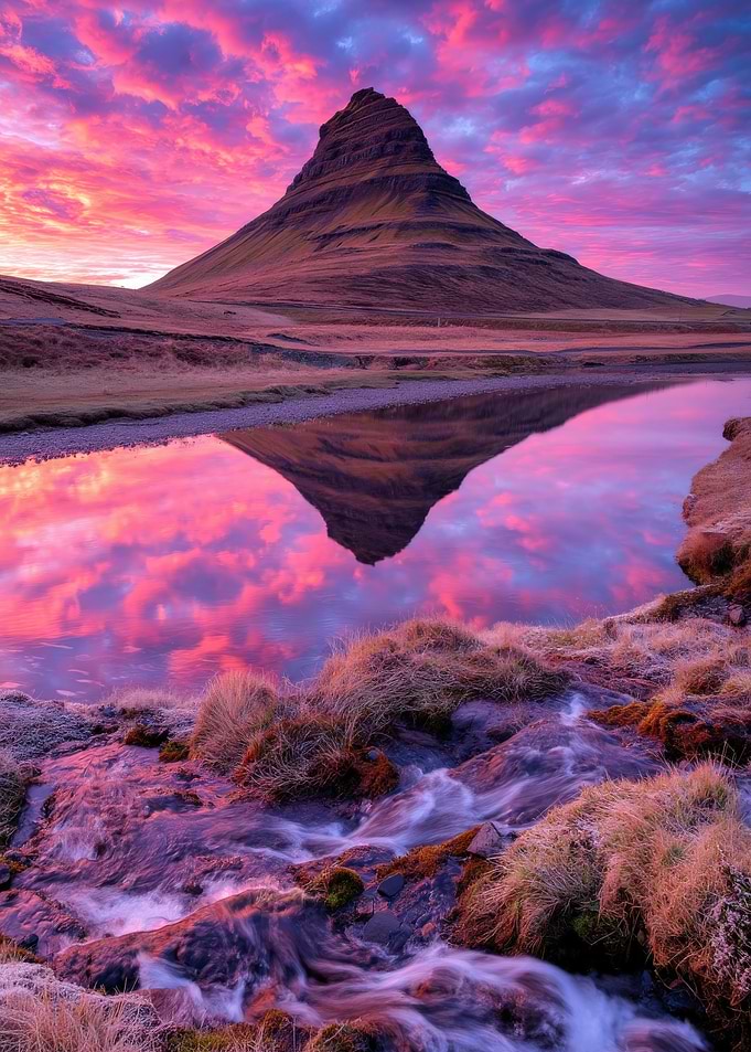 Kirkjufell Mountain Reflection at Sunset