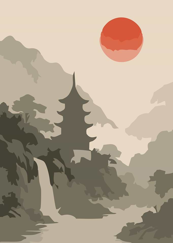 Misty Japanese Landscape with Pagoda and Sun