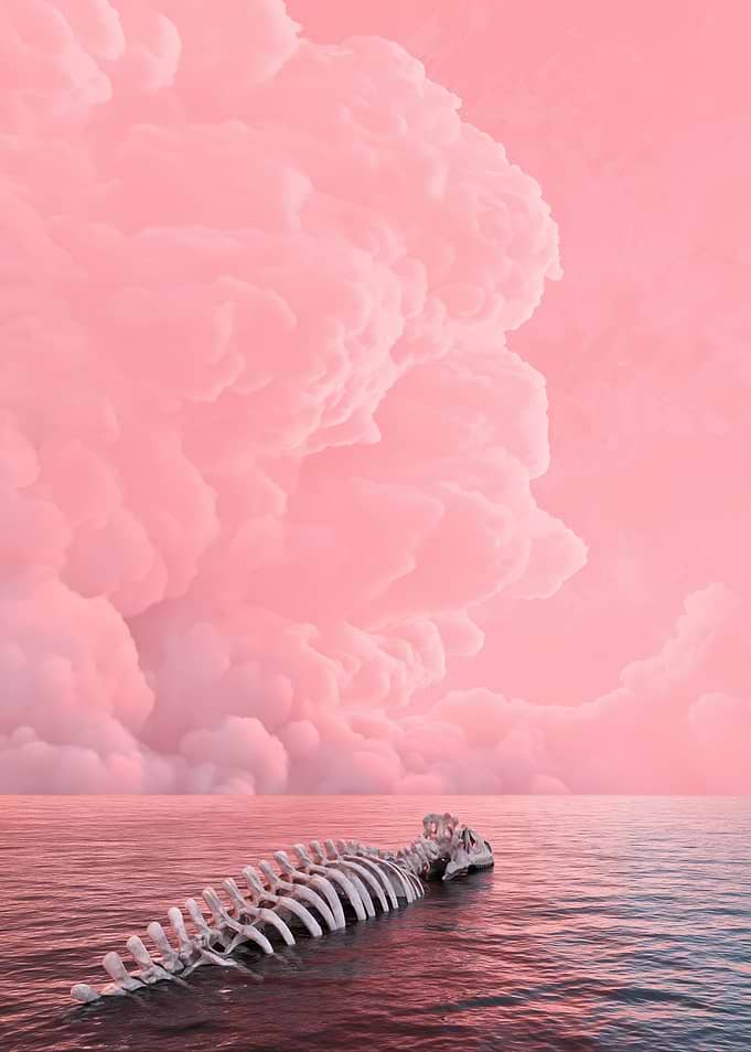 Dinosaur Skeleton in Pink Ocean