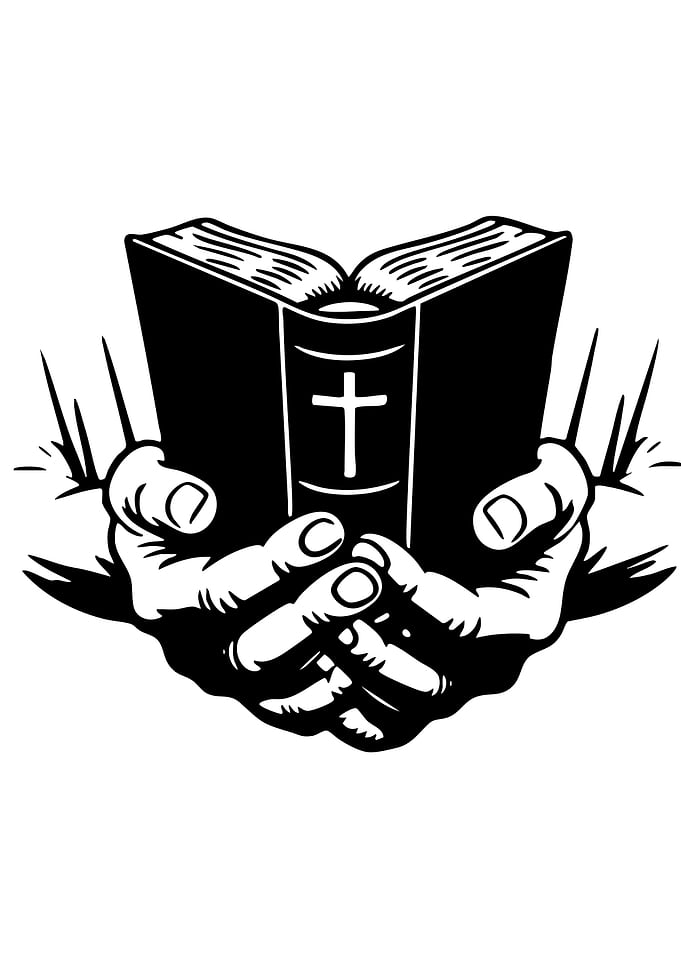 Hands Holding Open Bible with Cross