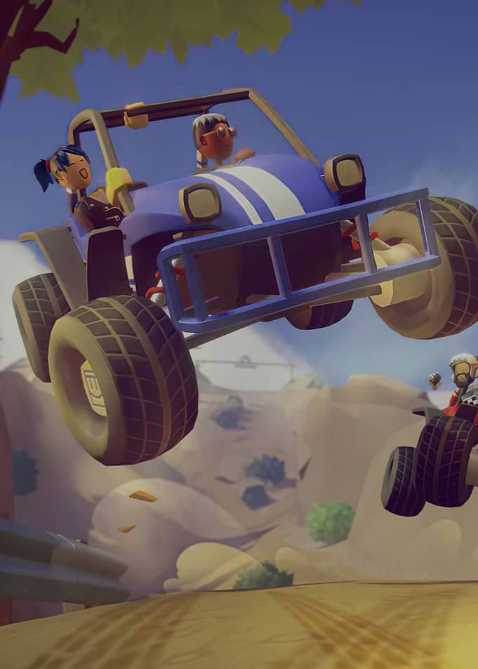 Cartoon characters in a dune buggy race