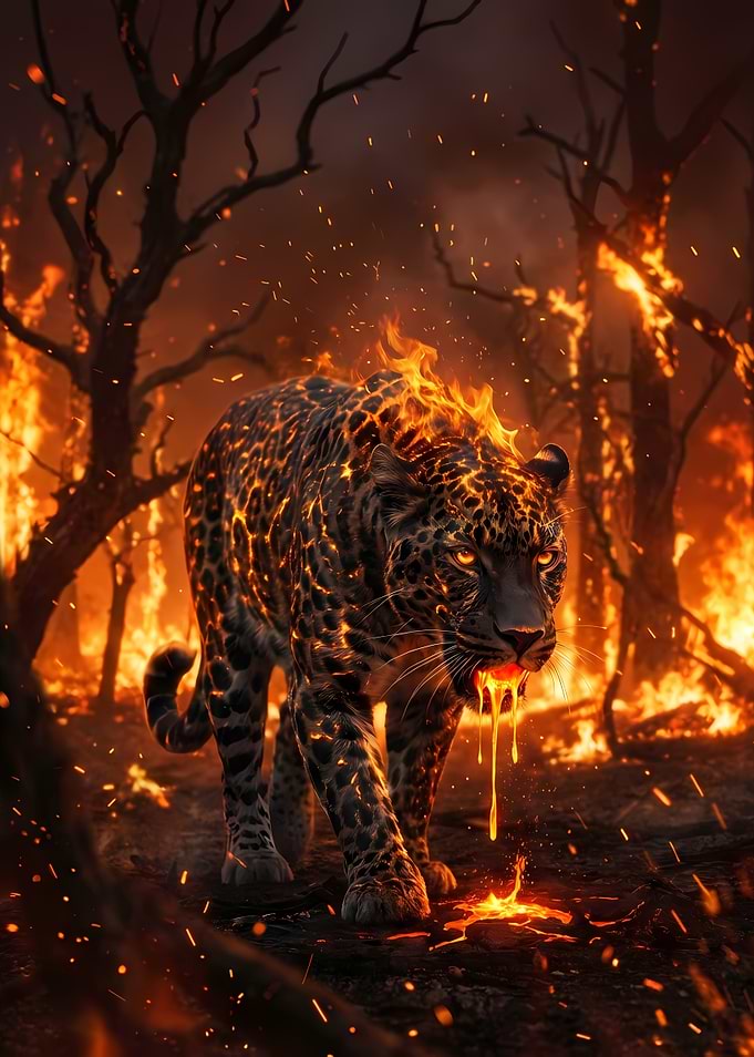 Fiery Leopard in Burning Forest