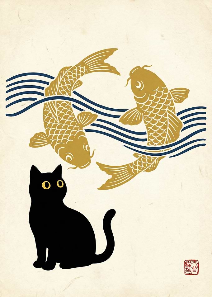 Black Cat Watching Koi Fish
