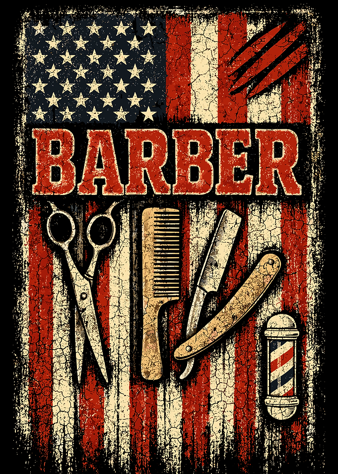Vintage Barber Poster, American Flag Barbershop Wall Art, Retro Grooming Tools Print