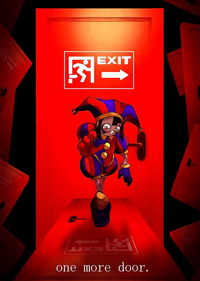 Jester character in front of exit door