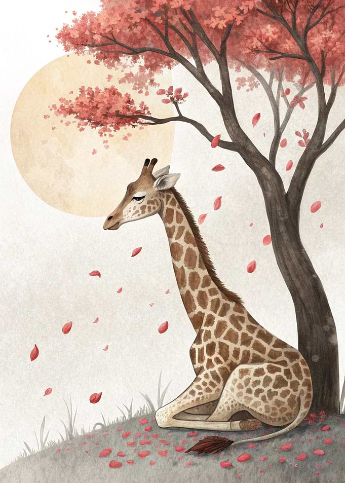 Giraffe under a blooming tree