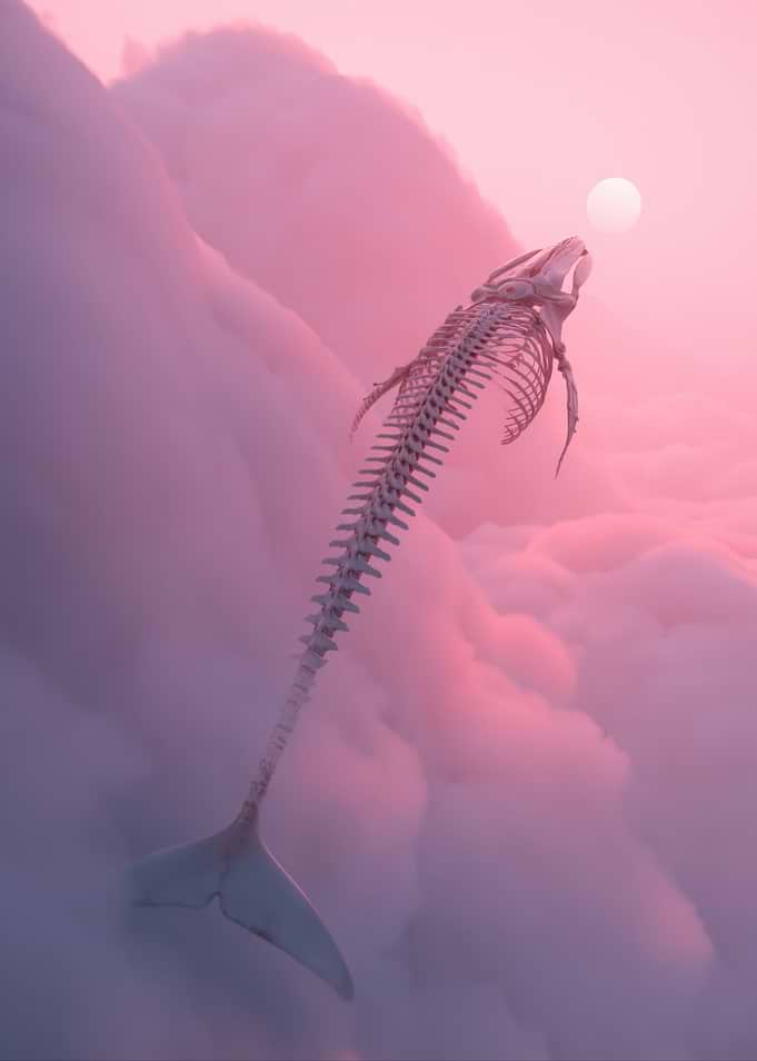Whale Skeleton in Pink Clouds
