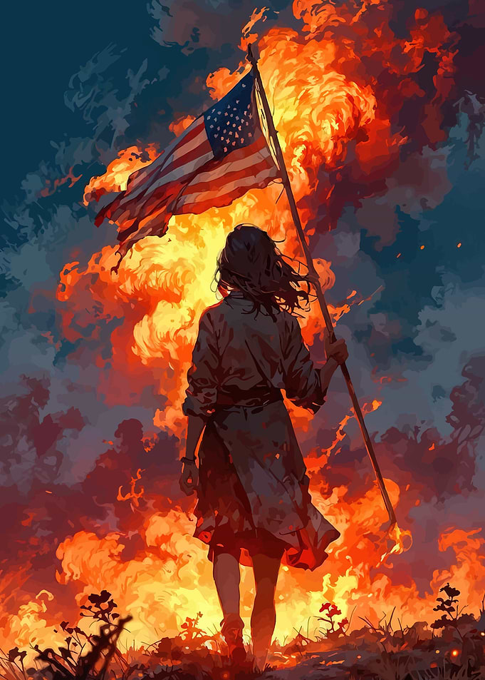 Woman holding American flag in fire