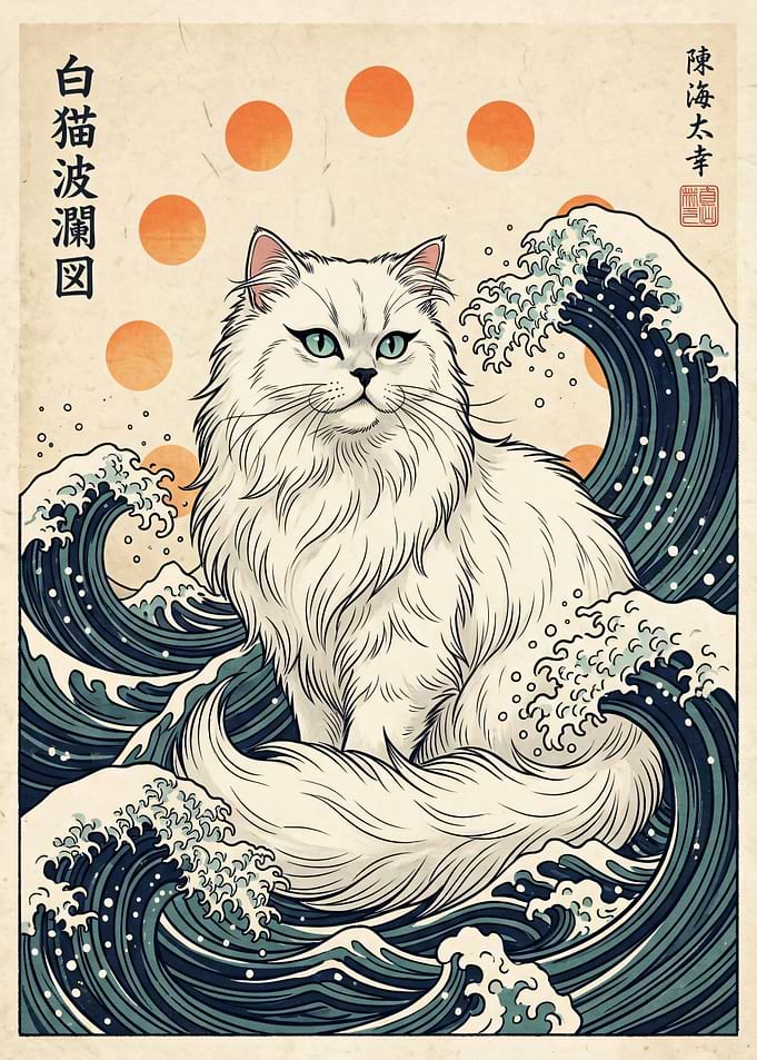 White Cat in Great Wave Style