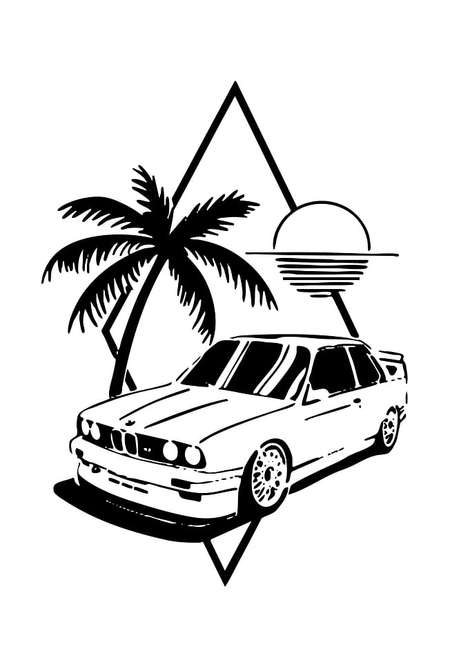 Retro Car and Palm Tree Sunset