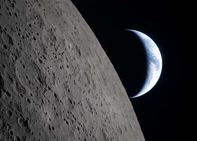Earth Crescent Over Moon Surface