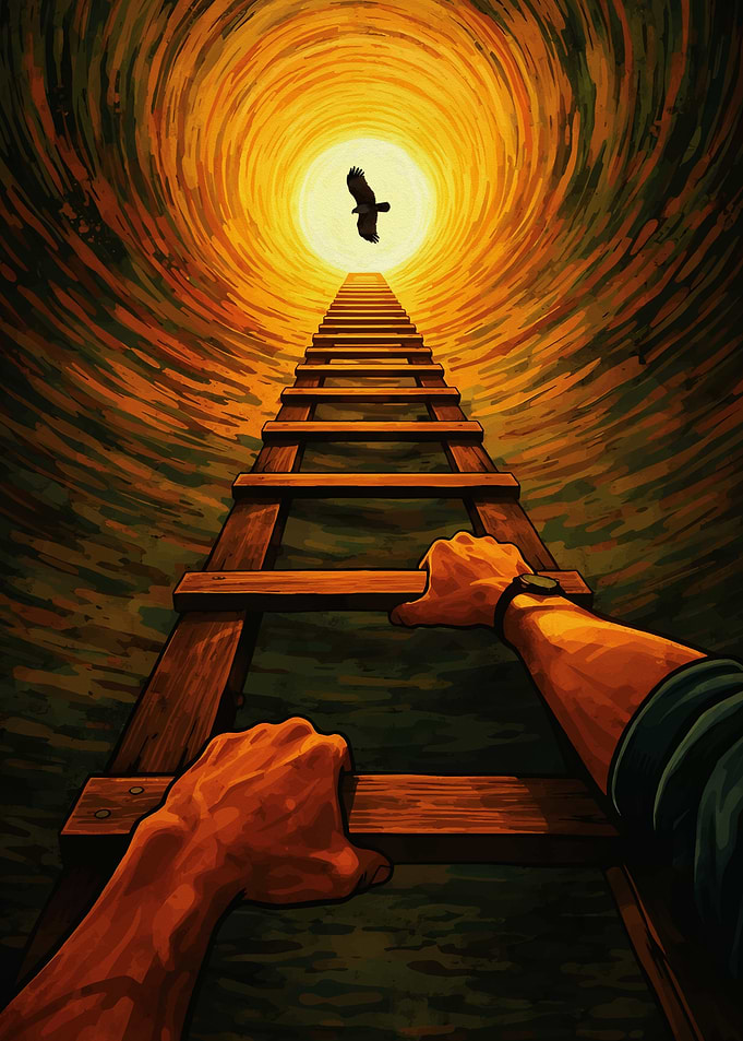 Climbing ladder towards light with bird