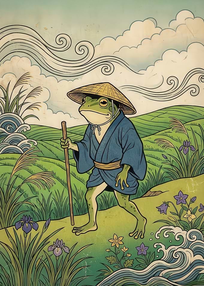 Frog Pilgrim Walking Through Fields