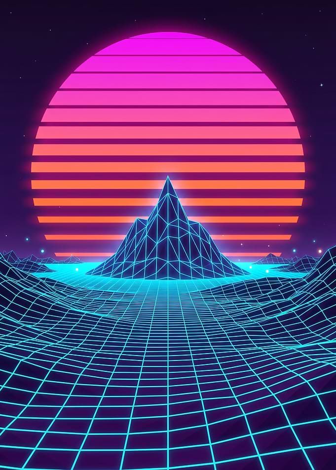 Retro Sunset Mountain Grid Landscape