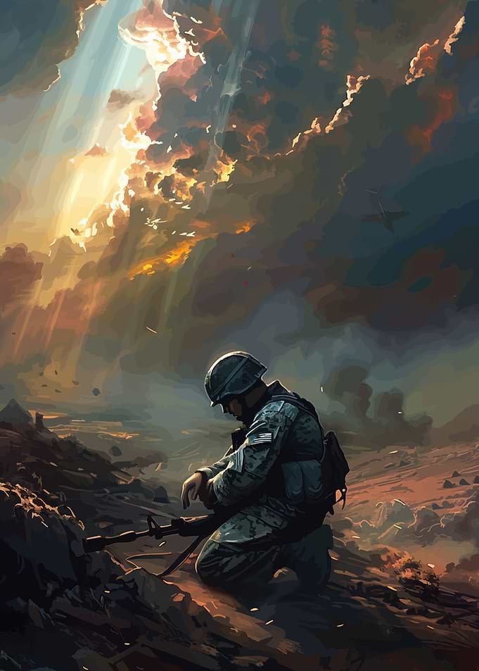 Soldier kneeling in a war-torn landscape