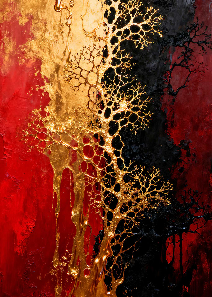 Abstract Gold and Red Drip Painting