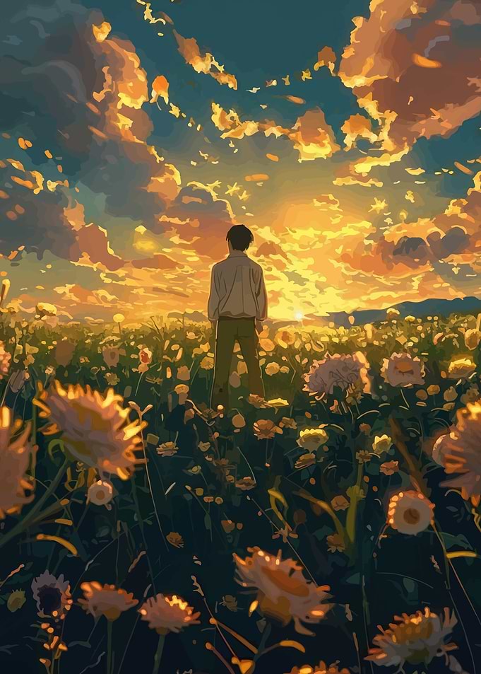 Person in a field of flowers at sunset