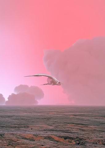Skeleton Whale Flying in Pink Sky