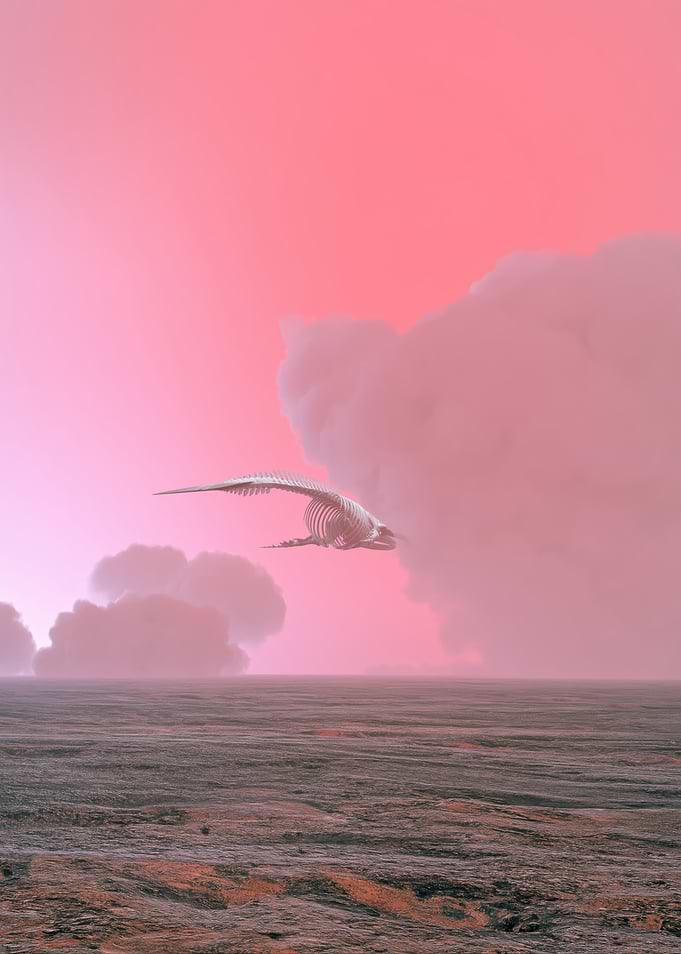 Skeleton Whale Flying in Pink Sky