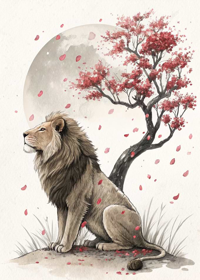 Lion under a Cherry Blossom Tree