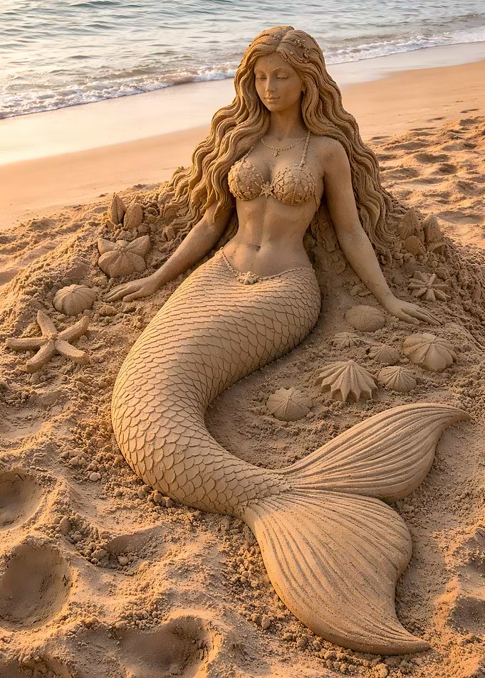 Sand Sculpture of a Mermaid on Beach