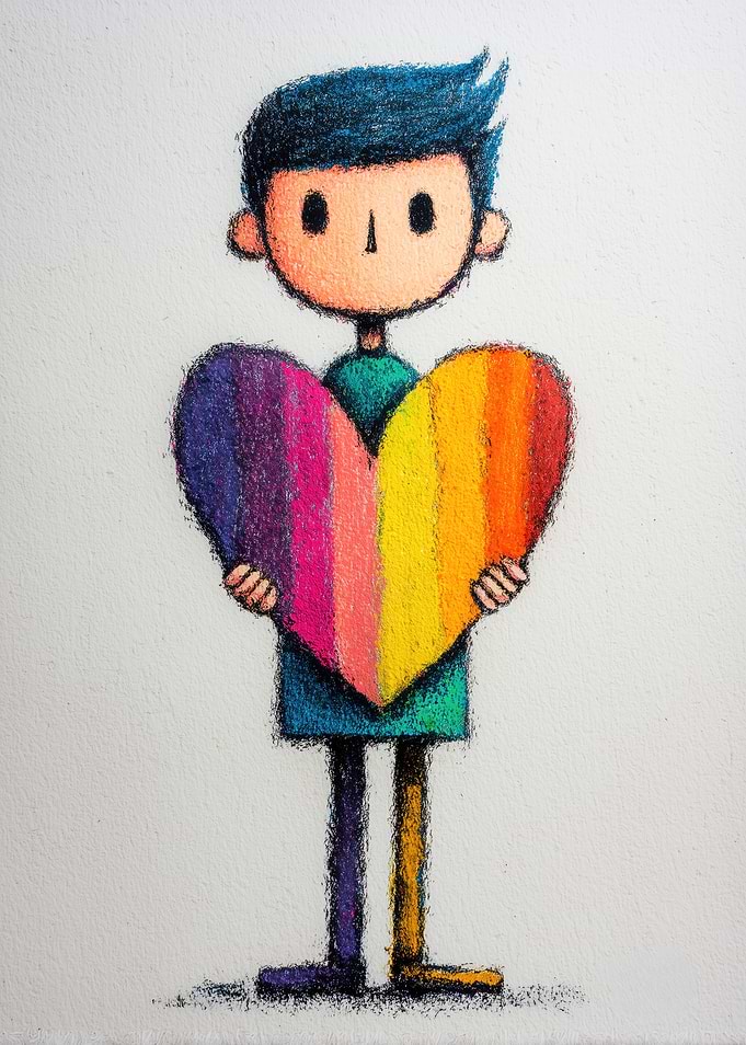 Child Holding Rainbow Heart Doodle Art