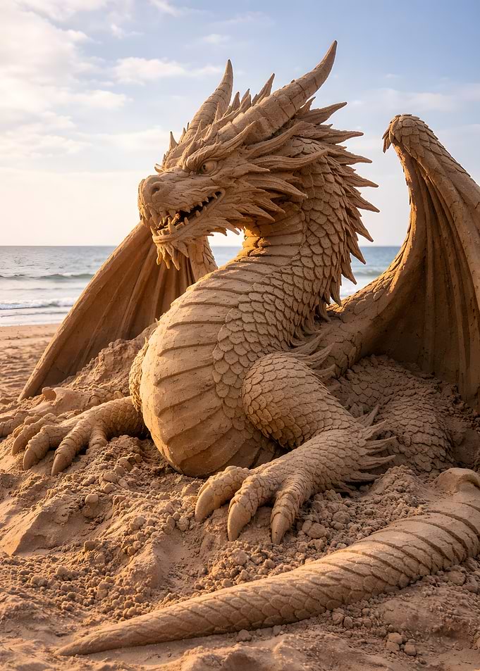 Sand Dragon Sculpture on Beach