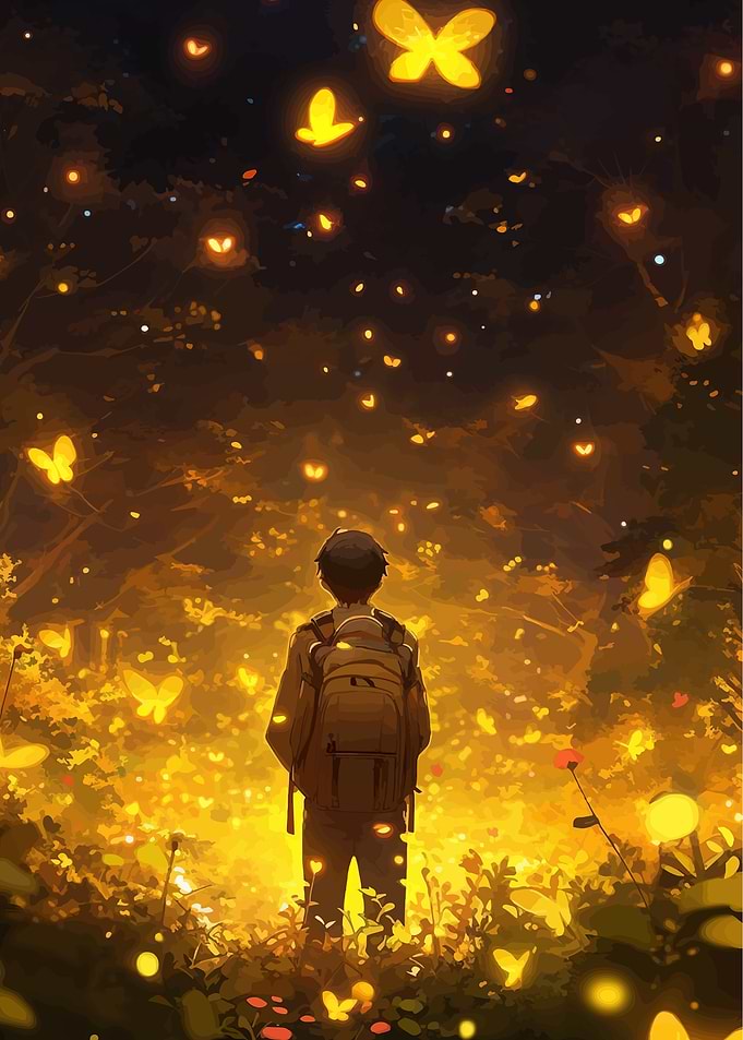 Boy in a magical forest with glowing butterflies