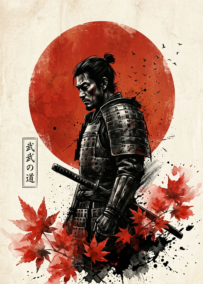 Samurai Warrior with Red Sun and Maple Leaves